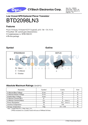 BTD2098LN3 datasheet - Low Vcesat NPN Epitaxial Planar Transistor