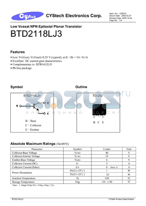 BTD2118LJ3 datasheet - CYStech Electronics Corp.