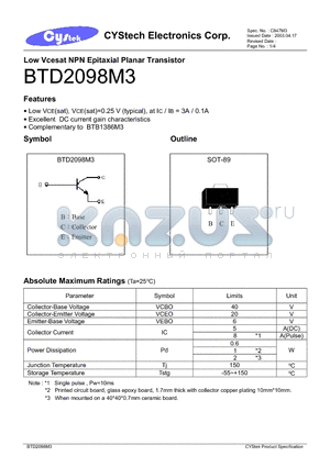 BTD2098M3 datasheet - Low Vcesat NPN Epitaxial Planar Transistor