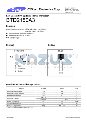 BTD2150A3 datasheet - Low Vcesat NPN Epitaxial Planar Transistor