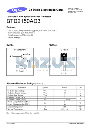 BTD2150AD3 datasheet - Low Vcesat NPN Epitaxial Planar Transistor