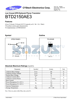 BTD2150AE3 datasheet - Low Vcesat NPN Epitaxial Planar Transistor