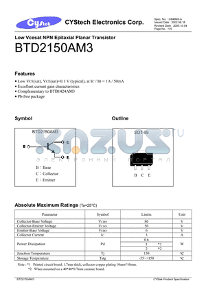 BTD2150AM3 datasheet - Low Vcesat NPN Epitaxial Planar Transistor