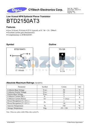 BTD2150AT3 datasheet - Low Vcesat NPN Epitaxial Planar Transistor