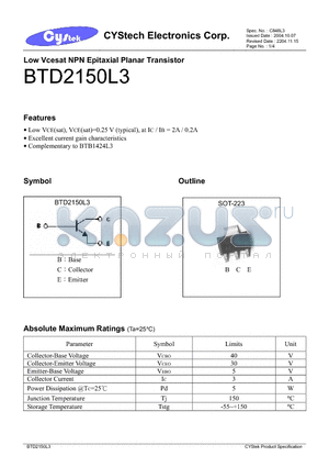 BTD2150L3 datasheet - Low Vcesat NPN Epitaxial Planar Transistor