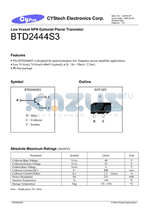 BTD2444S3 datasheet - Low Vcesat NPN Epitaxial Planar Transistor