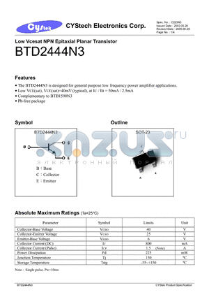 BTD2444N3 datasheet - Low Vcesat NPN Epitaxial Planar Transistor