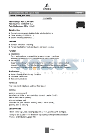 B82789C0104N001 datasheet - Chokes for data and signal lines