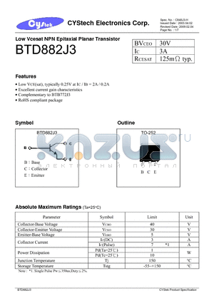 BTD882J3 datasheet - Low Vcesat NPN Epitaxial Planar Transistor