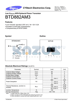 BTD882AM3 datasheet - Low VCE(sat) NPN Epitaxial Planar Transistor