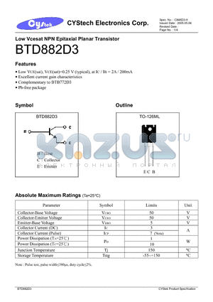 BTD882D3 datasheet - Low Vcesat NPN Epitaxial Planar Transistor