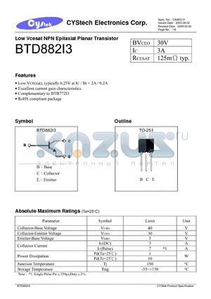 BTD882I3 datasheet - Low Vcesat NPN Epitaxial Planar Transistor