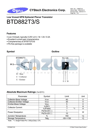 BTD882T3 datasheet - Low Vcesat NPN Epitaxial Planar Transistor