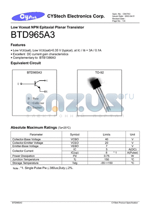 BTD965A3 datasheet - Low Vcesat NPN Epitaxial Planar Transistor