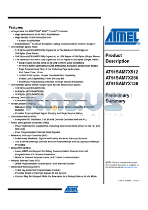 AT91SAM7X256 datasheet - AT91 ARM Thumb-based Microcontrollers