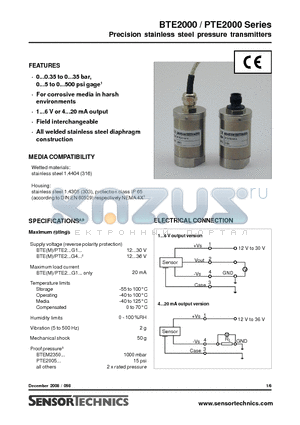 BTE2025G1A datasheet - Precision stainless steel pressure transmitters