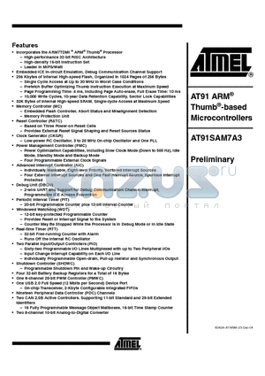 AT91SAM7A3_04 datasheet - AT91 ARM Thumb-based Microcontrollers