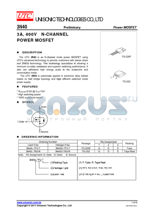 3N40G-TF3-T datasheet - 3A, 400V N-CHANNEL POWER MOSFET