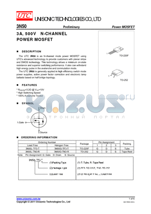 3N50G-TF3-T datasheet - 3A, 500V N-CHANNEL POWER MOSFET