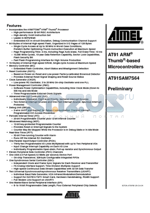 AT91SAM7S64 datasheet - AT91 ARM^ Thumb^-based Microcontrollers