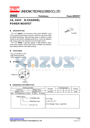 3N50Z datasheet - 3A, 500V N-CHANNEL POWER MOSFET