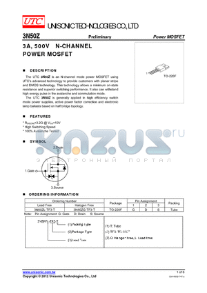 3N50ZG-TF3-T datasheet - 3A, 500V N-CHANNEL POWER MOSFET