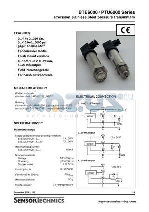 BTE6002A0-FL datasheet - Precision stainless steel pressure transmitters