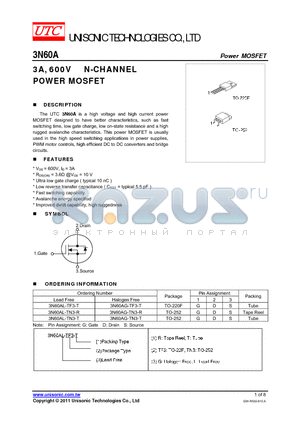 3N60AG-TN3-T datasheet - 3A, 600V N-CHANNEL POWER MOSFET