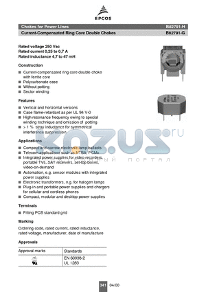 B82791-G2501-N1 datasheet - Chokes for Power Lines Current-Compensated Ring Core Double Chokes