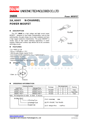 3N60KL-TN3-T datasheet - 3A, 600V N-CHANNEL POWER MOSFET