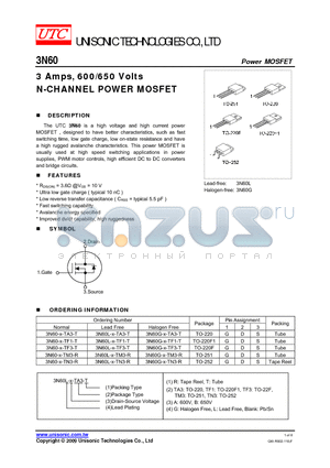 3N60L-X-TA3-T datasheet - 3 Amps, 600/650 Volts N-CHANNEL POWER MOSFET