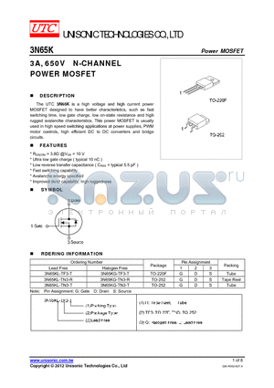 3N65KG-TN3-R datasheet - 3A, 650V N-CHANNEL POWER MOSFET