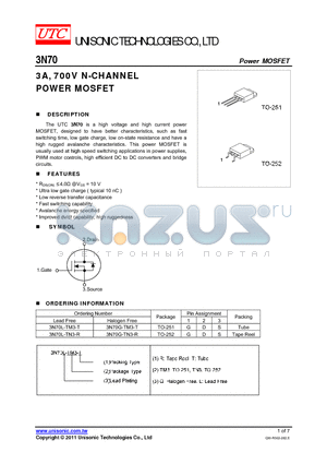 3N70 datasheet - 3A, 700V N-CHANNEL POWER MOSFET