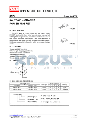 3N70G-TM3-T datasheet - 3A, 700V N-CHANNEL POWER MOSFET