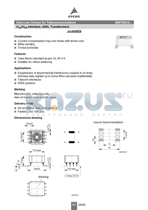 B82792C0226N365 datasheet - Data Line Chokes for Telecommunications xDSL Transformers