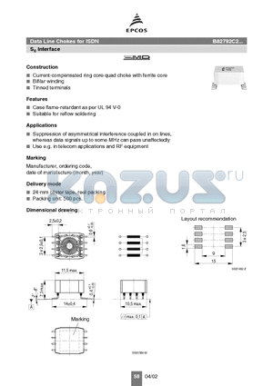 B82792C2105N365 datasheet - Data Line Chokes for ISDN