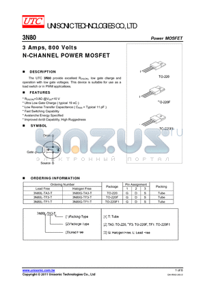 3N80G-TA3-T datasheet - 3 Amps, 800 Volts N-CHANNEL POWER MOSFET