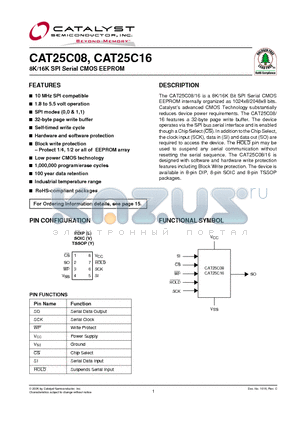 CAT25C08V1I-1.8-GT3 datasheet - 8K/16K SPI Serial CMOS EEPROM