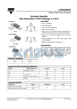 110CNQ045ASL datasheet - Schottky Rectifier New Generation 3 D-61 Package, 2 x 55 A
