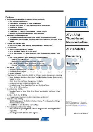 AT91SAM9261 datasheet - AT91 ARM Thumb-based Microcontrollers