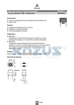 B82796C0474N215 datasheet - Data Line Chokes for Telecommunications xDSL Transformers