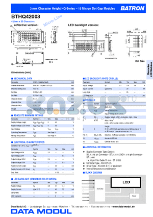 BTHQ42003 datasheet - 3 mm Character Height HQ-Series - 15 Micron Dot Gap Modules