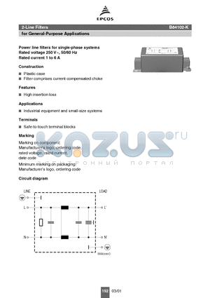 B84102-K40 datasheet - Power line filters for single-phase systems Rated voltage 250 V~, 50/60 Hz Rated current 1 to 6 A