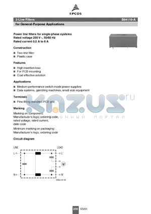 B84110-A-A10 datasheet - Power line filters for single-phase systems Rated voltage 250 V~, 50/60 Hz Rated current 0,5 A to 6 A