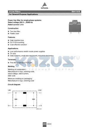 B84110-B-A14 datasheet - Power line filter for single-phase systems Rated voltage 250 V~, 50/60 Hz Rated current 1,4 A