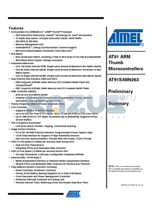 AT91SAM9263B-CU datasheet - AT91 ARM Thumb Microcontrollers