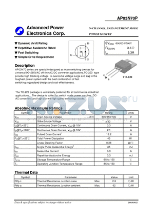 03N70P datasheet - N-CHANNEL ENHANCEMENT MODE POWER MOSFET