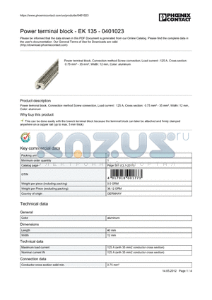 0401023 datasheet - Power terminal block, Connection method Screw connection, Load current : 125 A, Cross section: 0.75 mmb - 35 mmb, Width: 12 mm,