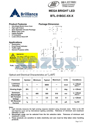 BTL-51BGC-G2-U datasheet - MEGA BRIGHT LED