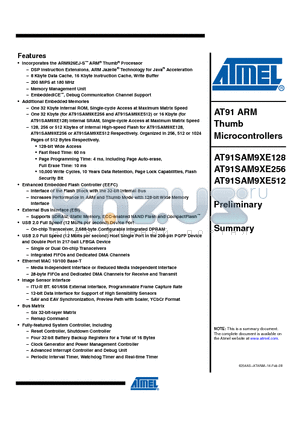 AT91SAM9XE128-QU datasheet - AT91 ARM Thumb Microcontrollers